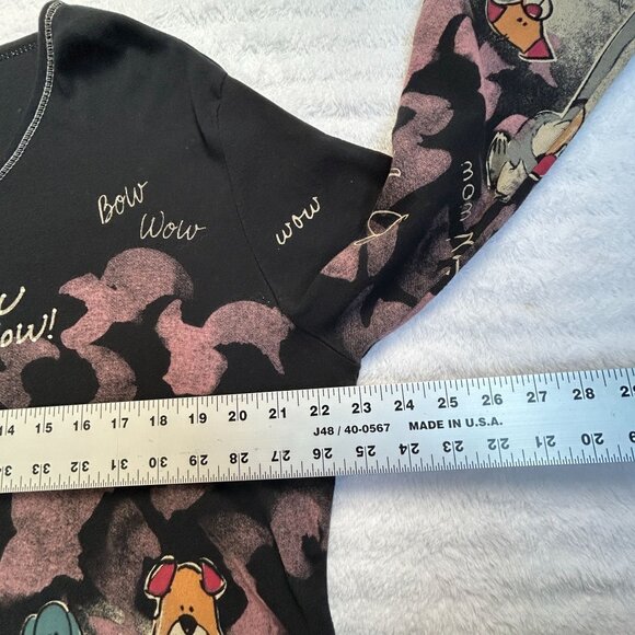 Womens Black "Bow Wow" Dog Print Long Sleeve V-Neck Top Multicolor Casual Basic - Picture 8 of 9